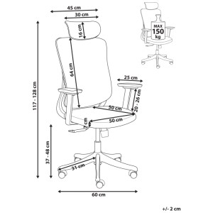 Schizzo sedia da ufficio Partner verde con dimensioni: altezza 117-128cm, larghezza seduta 50cm, carico max 150kg.