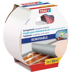 Ruban de fixation Tesa, 5m x 50mm, amovible sans résidus, pour moquettes et sols PVC.