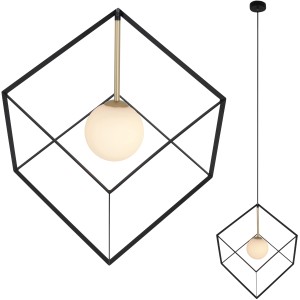 Suspension moderne Näve Cadre avec cadre noir et abat-jour en verre blanc.