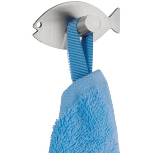 Wenko appendino a muro a forma di pesce in acciaio inox, autoadesivo con asciugamano blu.