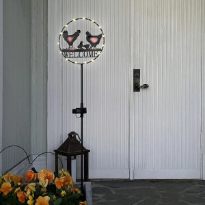 Schwarzer LED-Solar-Gartenstecker mit beleuchteter Hühnerfamilie und "Welcome"-Schild für Garten & Terrasse.