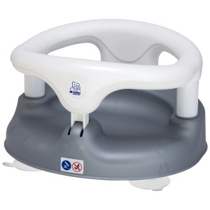 Siège de bain bébé Rotho anthracite et blanc avec anneau rabattable et ventouses pour une fixation sûre.