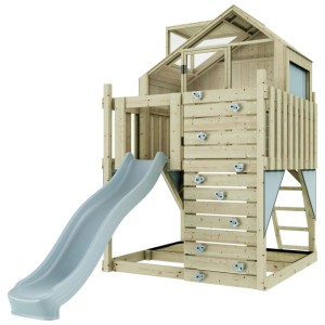 Maisonnette sur pilotis OutdoorToys Meteorit Bleu avec toboggan et mur d'escalade en bois.
