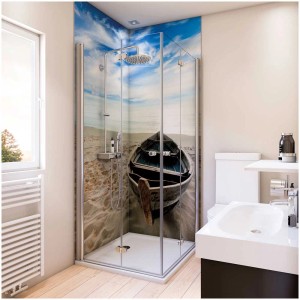 Pannello posteriore doccia con motivo barca: pannello posteriore Breuer in 2 parti 90x210cm per bagno e doccia.