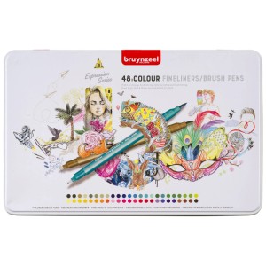 Bruynzeel Fineliner Brushpens, 48 Stk. im Set. Stifte mit doppelter Spitze in Metalletui.