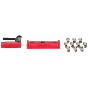 Kit de montage Schwaiger pour connecteurs F : dénudeur, aide au vissage et 10 connecteurs F pour câbles d’antenne.