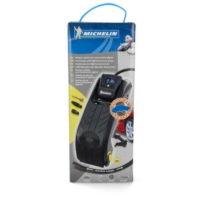 Pompe à pied Michelin avec manomètre digital dans sa boîte. Idéale pour gonfler les pneus.