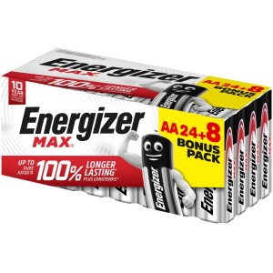 Piles alcalines Energizer Max AA, lot de 32 (24+8). Piles 1,5V longue durée pour appareils du quotidien.