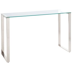 Console Beliani Tilon avec plateau en verre et structure en acier argenté.