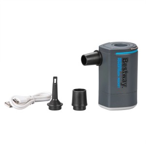 Pompe à air rechargeable Bestway PowerTouch Pocket avec accessoires : adaptateurs, câble USB et pompe.