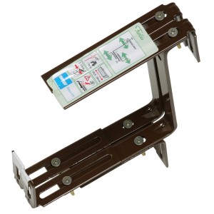 Support de jardinière balcon OBI marron en métal, réglable en 3 dimensions.
