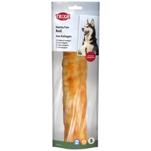 Trixie Denta Fun Kaurolle aus Kollagen mit Huhn, verpackt. Kausnack für Hunde zur Zahnpflege.