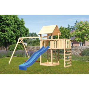 Tour de jeu Karibu Lotti avec balançoire double, toboggan bleu, mur d'escalade et plateforme.