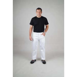 Pantalon de travail blanc taille 52 en coton avec élastique et poches.