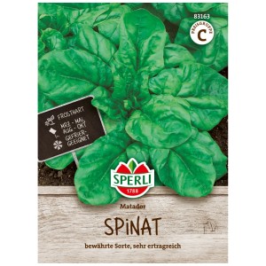 Paquet de graines d'épinards Sperli Matador avec plant d'épinards et informations sur le semis et la résistance au gel.