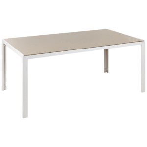 Table de jardin Beliani Catania, plateau en verre beige, structure blanche, partie de l'ensemble de meubles de jardin 7 pièces.