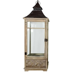 Lanterne en bois marron taille L avec tiroir pour bougies et chauffe-plats, pour une utilisation intérieure et extérieure.