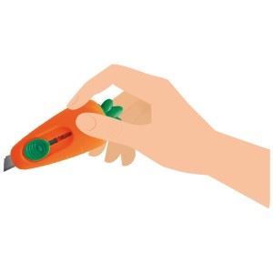 Hand hält Legami Mini-Cutter Karotte, Bürobedarf mit einziehbarer Klinge.