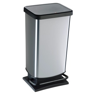 Rotho Treteimer Paso, 40 l, silbermetallic, mit Pedal und schwarzem Deckel.