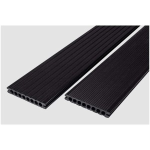 Lames de terrasse en WPC anthracite avec surface rainurée.