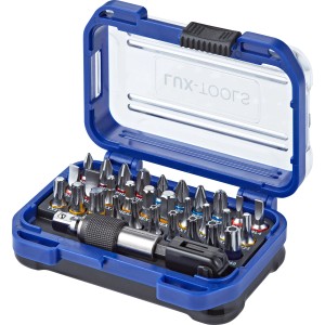Jeu de 32 embouts LUX dans une boîte bleue et noire avec porte-embout et divers embouts.