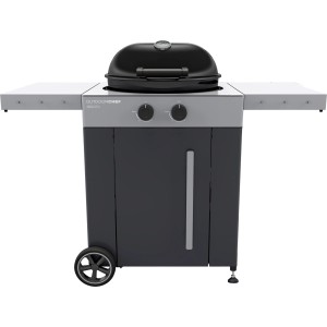 Barbecue a gas Outdoorchef Arosa 570 G Evo Grey Steel con Blazing-Cooking Zone e due tavoli laterali.