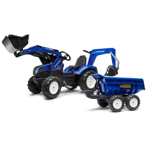 Trattore blu Falk New Holland XXL con rimorchio, caricatore anteriore e posteriore per bambini.