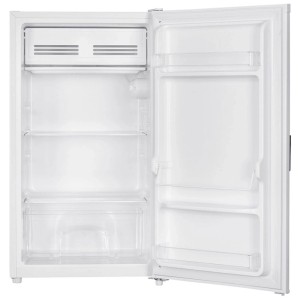 Weisser Kibernetik KSG90 Standkühlschrank, 90 l, offen mit Gefrierfach, Glasablagen, Türfächern und Gemüseschublade.