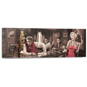Quadro Deco Panel "Java Dreams" (30x90 cm) con James Dean, Elvis e Marilyn Monroe in un bar.
