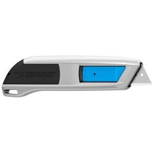 Coltello di sicurezza Martor Secunorm 500 con lama trapezoidale e cursore blu.