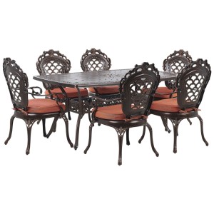 Ensemble de jardin Lizzano: Table en aluminium marron, 6 chaises ornées avec coussins orange, style rétro.