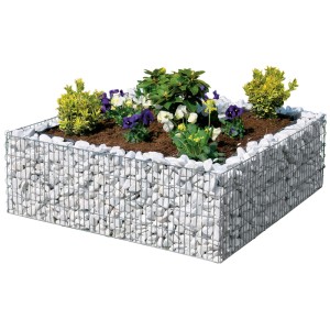 Jardinière surélevée carrée en gabion (40x120x120 cm) remplie de pierres blanches et de plantes.