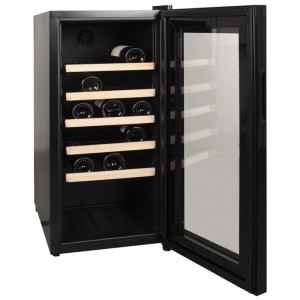 Kibernetik Weinkühlschrank Schwarz mit offener Glastür, 5 Holzregalen und Weinflaschen. 88 l für 41 Flaschen.