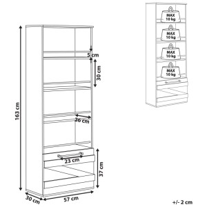 Dessin technique de l'étagère Beliani Salter: 163 cm haut, 57 cm large, 30 cm prof., 4 étagères, compartiment fermé. Max 10 kg par étagère.