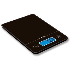 Schwarze Rotel Küchenwaage mit Touchscreen und digitaler Anzeige bis 5 kg.
