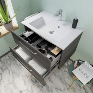 Meuble sous-vasque Pelipal Trentino graphite, 75 cm de large, avec deux tiroirs et fermeture amortie.