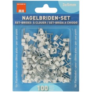 Set de brides à clous, 100 pièces, pour câbles plats 3x5mm, colliers blancs avec clous en acier.