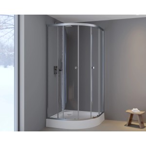 Cabine de douche quart de cercle Aurlane Silver Line, 90x90x200 cm, avec cadre argenté et receveur.
