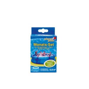Kit mensuel oxygène pour piscines jusqu'à 12,5 m³ pour la désinfection et le nettoyage de l'eau.