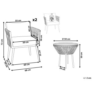 Set bistro Beliani Gargano beige in polyrattan, dimensioni: 2 sedie, 1 tavolo. Ideale per arredamento balcone.