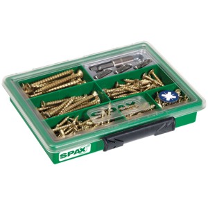 Spax Assorter avec vis cruciformes jaunes et embouts dans une boîte de tri verte.
