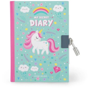 Diario Legami unicorno con lucchetto, copertina menta con illustrazioni.