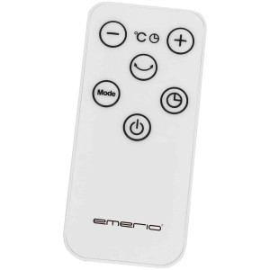 Telecomando per termoventilatore Emerio, telecomando bianco con pulsanti per temperatura, timer e modalità.