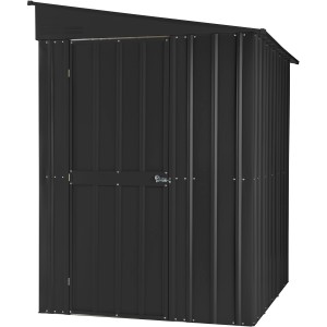 Abri de jardin adossable en métal Globel Lean-To 56 anthracite avec toit monopente et porte battante.