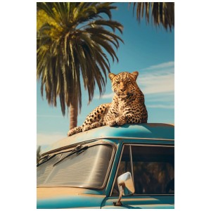 Maxiposter Oldtimer Safari (61x91,5 cm): Leopard auf blauem Oldtimer vor Palmen.