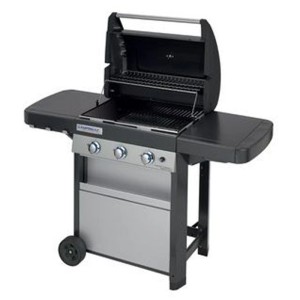 Barbecue a gas Campingaz 3 Series Classic L, grill grigio con ripiani e coperchio aperto.