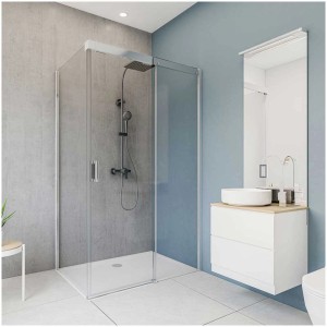 Bagno moderno con pannello doccia Breuer effetto pietra cemento, 100x255 cm.