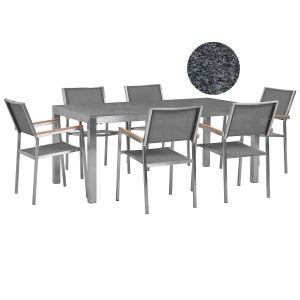 Ensemble de meubles de jardin Beliani Grosseto 6 places, granit poli/gris. Cadre en acier inoxydable, assise textile.