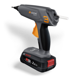 Pistola per colla a caldo a batteria Steinel MobileGlue 3011 con batteria e caricabatterie.
