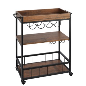 Chariot de cuisine Wenko Rustico noir et noyer avec 3 étagères, porte-bouteilles et verres.